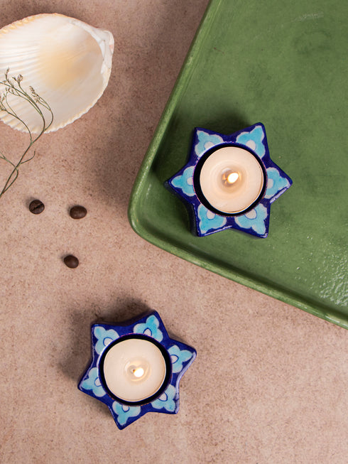 Blue Pottery T-Light Holder Set Of 2 Pcs.